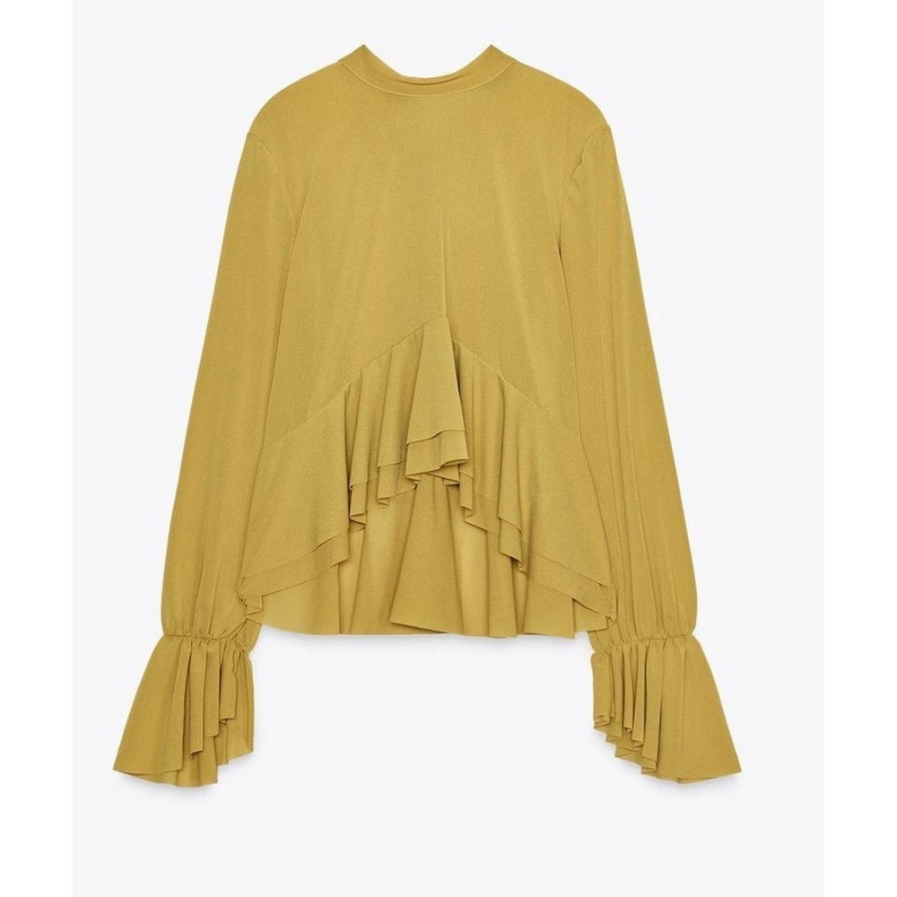 Zara‎ Women's Chiffon Sheer High-Low Long Sleeve Ruffle Blouse - Olive - S